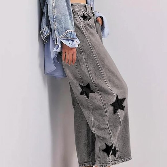 Night Sky Grey/Black Contrasting Stars Baggy Barrel Cut Boyfriend Jeans Pants - Picture 5 of 7